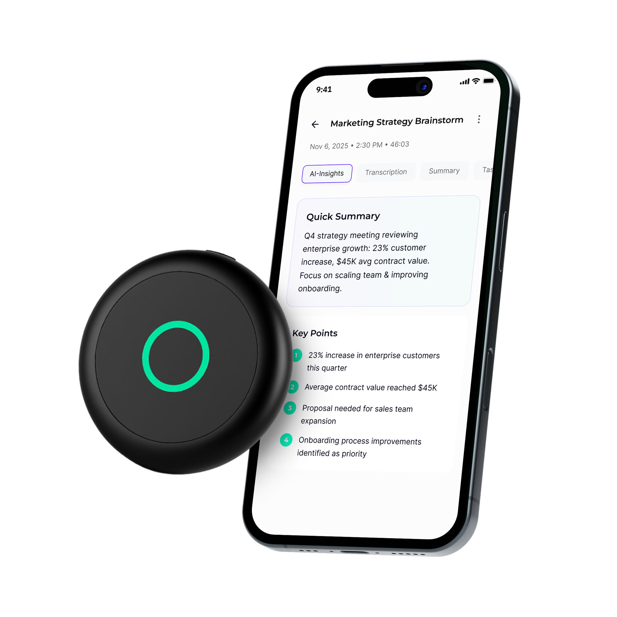 Sona wearable next to a phone showing a meeting summary and key points.