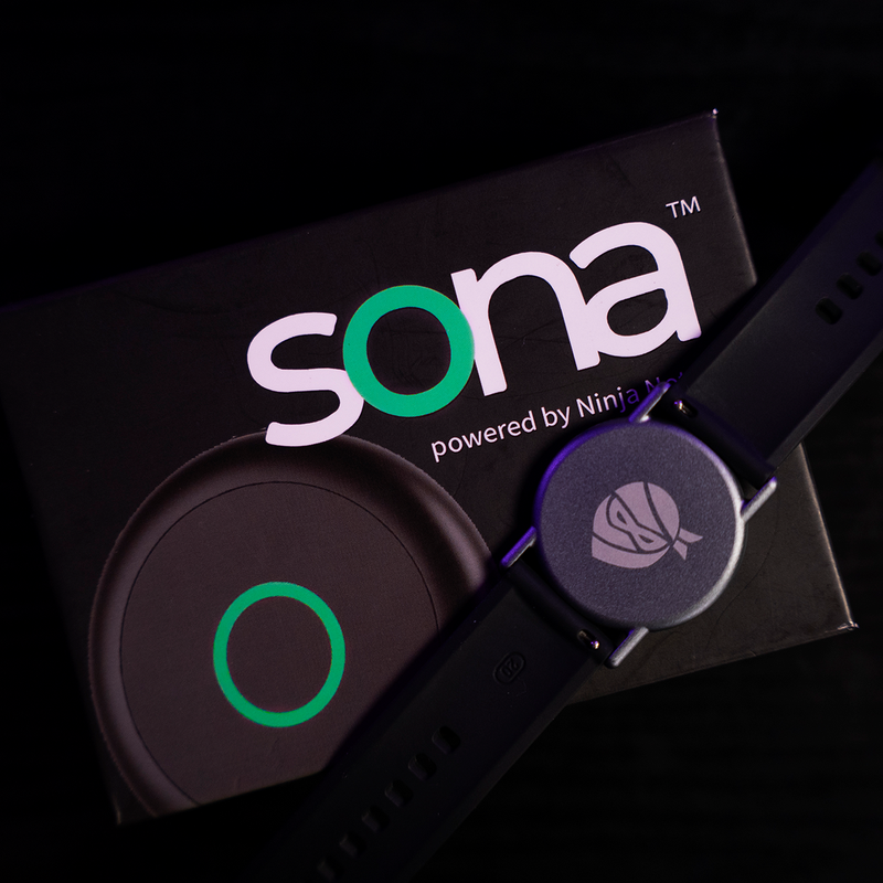 Sona watch and packaging, branded \u201cpowered by Ninja Notes\u201d.